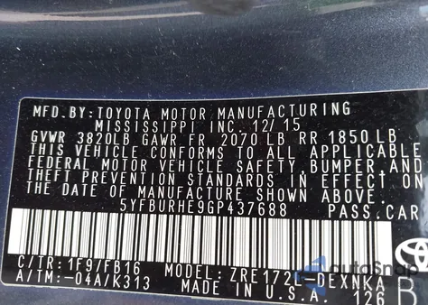 2016 Toyota Corolla Le from USA, damaged, VIN 5YFBURHE9GP437688